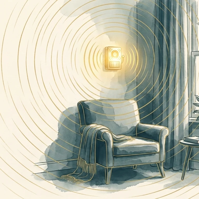 Ilustración: una alarma de casa suena en una sala tranquila donde no ocurre nada peligroso.