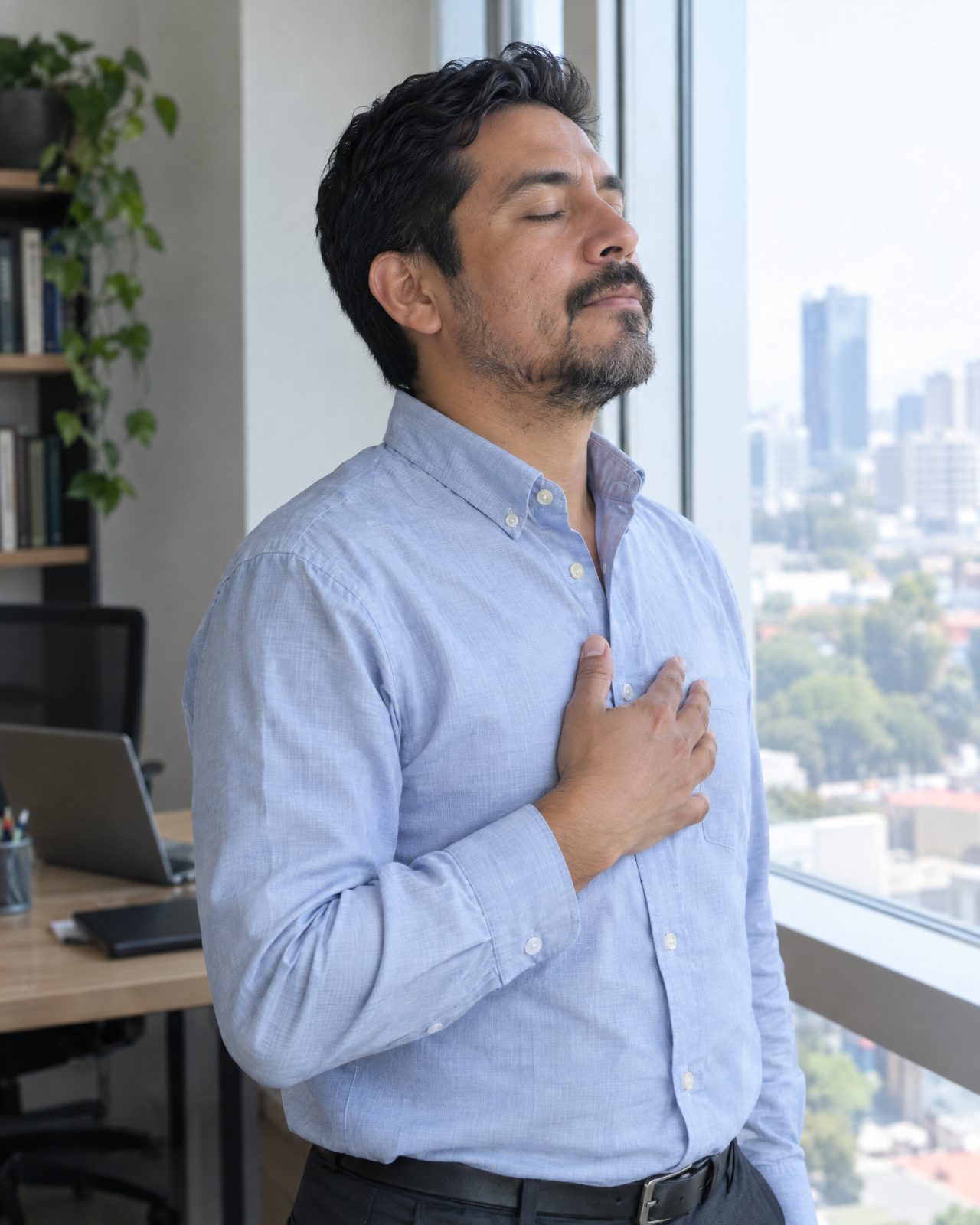 Hombre exhalando con calma junto a una ventana