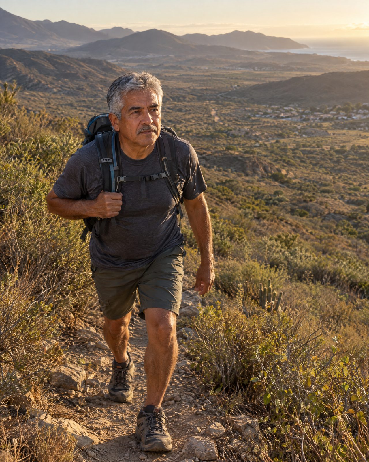 Hombre de 60 años subiendo un sendero en los cerros de Baja California