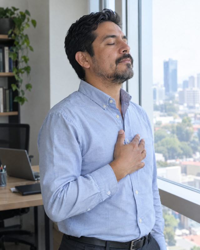 Hombre exhalando con calma junto a una ventana