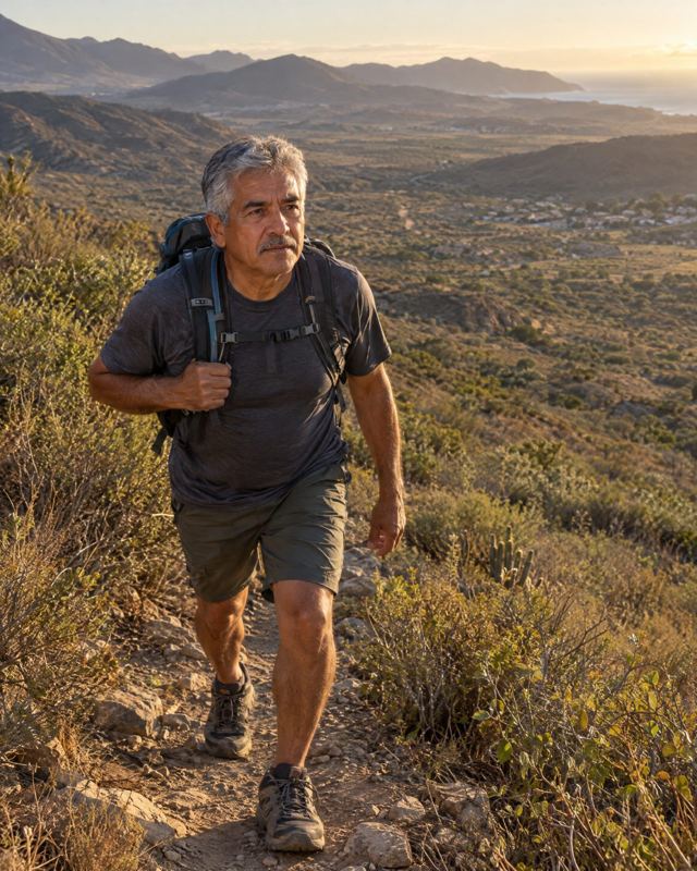 Hombre de 60 años subiendo un sendero en los cerros de Baja California