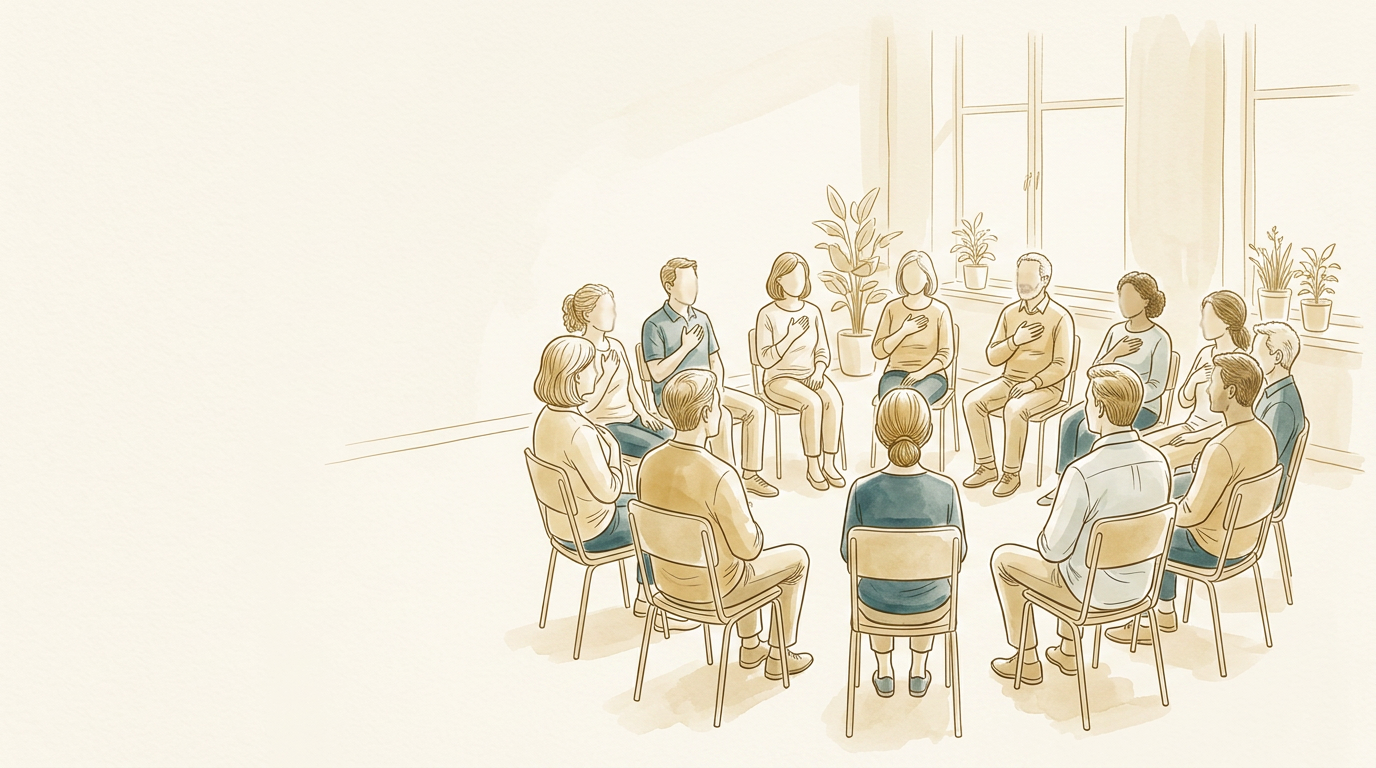 Ilustracion: un grupo de adultos sentados en semicirculo escucha la clase; algunos con la mano en el pecho, respirando.