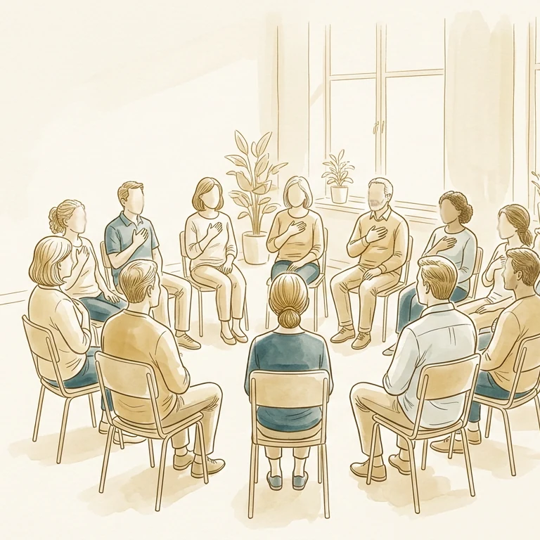 Ilustracion: un grupo de adultos sentados en semicirculo escucha la clase; algunos con la mano en el pecho, respirando.