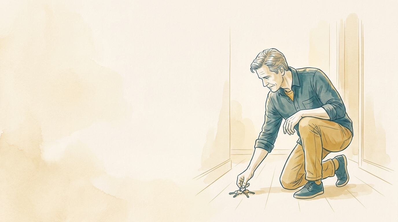Ilustración: un hombre se agacha con soltura a levantar unas llaves del piso de su casa.