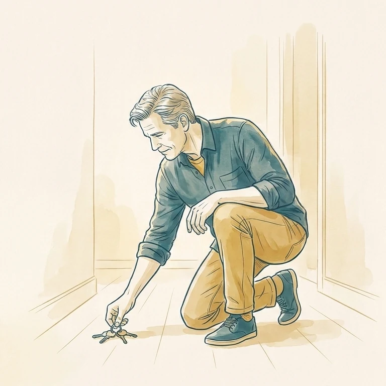 Ilustración: un hombre se agacha con soltura a levantar unas llaves del piso de su casa.