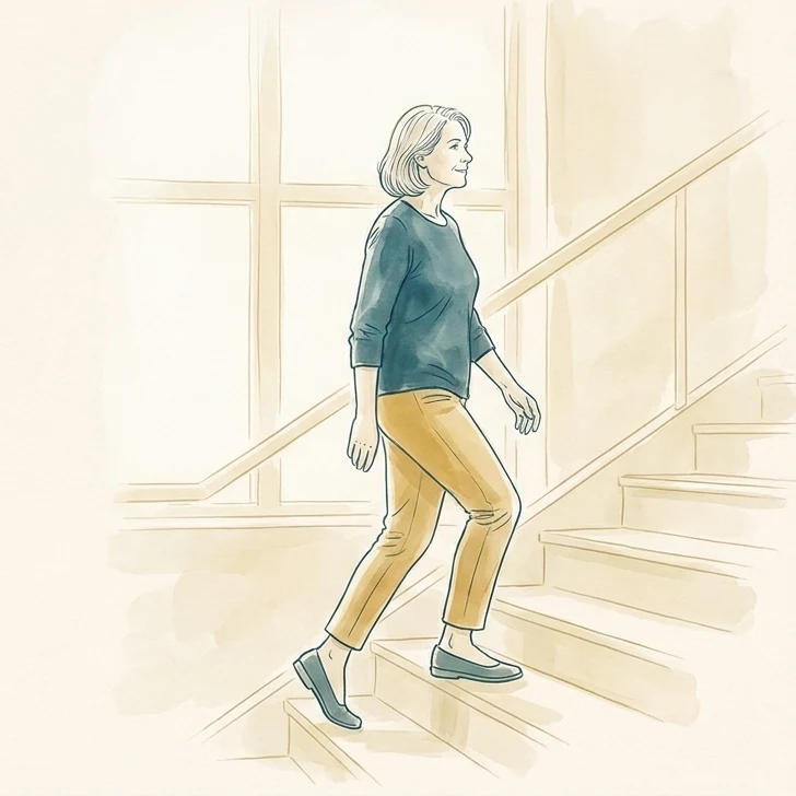 Ilustración: una mujer sube unas escaleras a paso continuo, sin detenerse ni sujetarse del barandal.