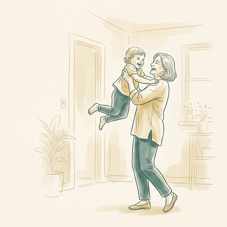 Ilustración: una mujer levanta en brazos a su nieto pequeño con soltura, en su casa.